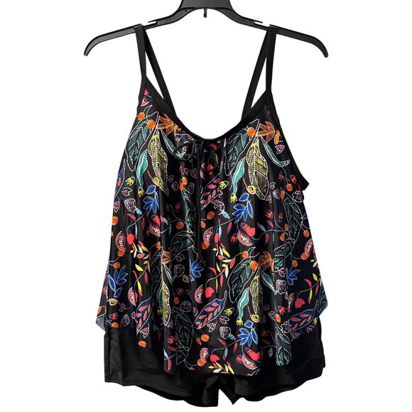 Womens 2-Piece Floral Tankini Set Sz 3XL Black Multicolor Polyester & Elastane S - Picture 2 of 12